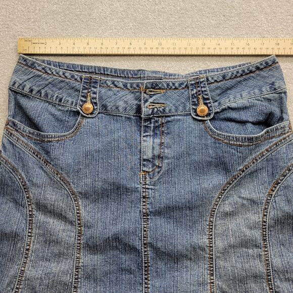 Vintage Rewind Jean Skirt Size 15 Blue Washed Denim Paneled Flared Western - Picture 5 of 8